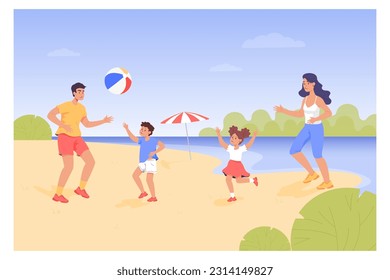 Family having quality time on beach vector illustration. Happy parents and children playing with ball together on sea shore. Family reunion, healthy lifestyle, travel, summer activity concept