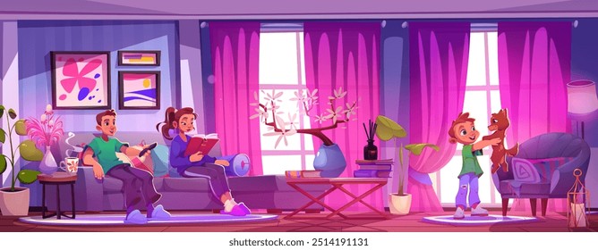 Familia descansando juntos en casa. Ilustración de dibujos animados de Vector de padres viendo la televisión y leyendo un libro en el sofá, niño feliz jugando con lindo cachorro, acogedora sala de estar con muebles y plantas