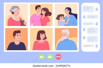 Family Having Video Call Flat Vector Illustration. Mother With Child, Father, Grandparents, Parents On Computer Or Tablet Screen, Chatting Online During Quarantine. Internet, Conference Concept