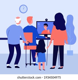 Family having video call with son. International student missing his family. Flat vector illustration. Communication, technology concept for banner, website design or landing web page