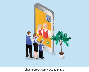 Family having a video call using a cellphone 3d isometric vector illustration concept for banner, website, landing page, ads, etc