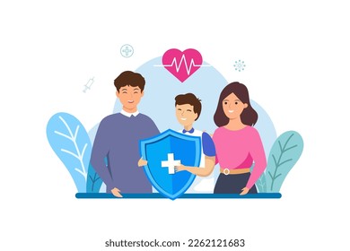 Family health care and life insurance concept. Group people holding shield protection and heartbeat icon. Vector illustration