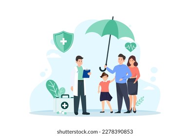 Family health care and life insurance concept. Doctor and family people medical exam holding umbrella with shield protection icon. Vector illustration