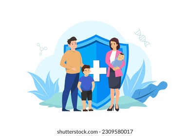 Family health care and life insurance concept. Group people and big shield protection. Vector illustration