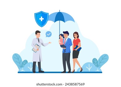 Family health care and life insurance concept. Doctor and family people medical exam holding umbrella with shield protection icon. Vector illustration