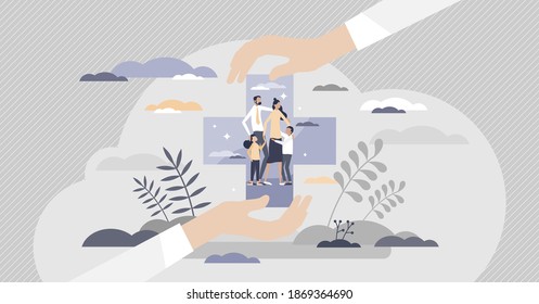 Family health care as medical protection and support tiny person concept. National healthcare system with all generations preventive diagnostic checkups for early disease detection vector illustration