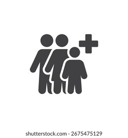 Icono de Vector sólido de atención médica familiar. Un icono de glifo con una cruz médica y figuras familiares, perfecto como símbolo y signo para temas de bienestar y Asistencia.