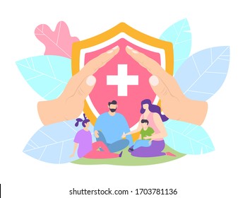 Family health insurance with clinic, life protection concept vector illustration. Parent and children protected by hospital in unforeseen situation. Care for all family members health.