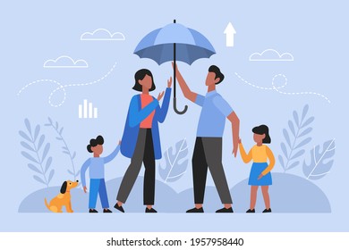 Family health insurance concept. Modern vector illustration of husband, wife and children with umbrella protection.
