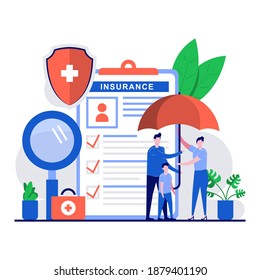 Family Health Insurance Concept With Tiny Character. People Using Umbrella As Protection From Accidents With Life And Personal Property Flat Vector Illustration. Medicine Support, Accident Metaphor.