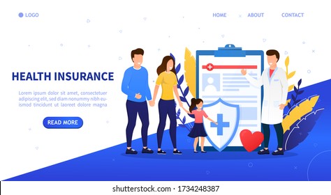 Family Health Insurance Concept. A Young Happy Family Comes To Insure. Attractive Characters Buy A Family Health Insurance Plan. Family Protection. Professional Medical Consultation. Flat Vector