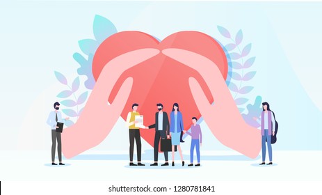 Family Health Insurance Flat Vector Concept. Parents with Child Taking Policy From Agent or Insurance Company Manager, Hands Embracing Human Heart Illustration. Life Safety and Medical Care Guarantee