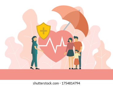Family Health Insurance Flat Vector Concept. Parents With Child Taking Policy From Agent Or Insurance Company Manager. Life Safety And Medical Care Guarantee.