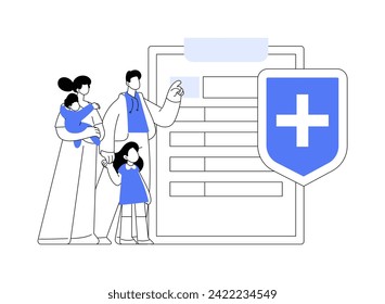 Family health insurance isolated cartoon vector illustrations. Family with kids sign documents to obtain medical insurance, health care, legal service, meeting with specialist vector cartoon.