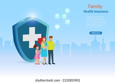 Family Health Insurance Protection With Medical Shield. Medical And Healthcare Insurance Planning For Family And Life Protection Concept.  