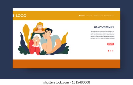 Family health landing page vector. Medical insurance and safety web site with cartoon characters, parents and child. Business template design enjoying actively life Internet banner, mother and father