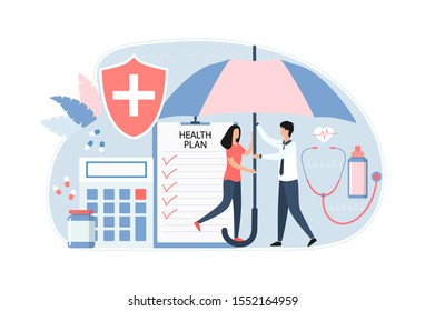 Family Health And Life Insurance Concept. Health Plan Choice, Web, Banner. Flat Vector Illustration Isolated On White Background.