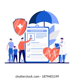 Family health and life insurance concept with tiny character, shield, umbrella. Care medical, Reliable protection, healthcare plan choice metaphor. Can use for web banner or landing page idea.