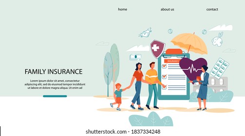 Family health and life insurance website template with happy family and insurance agent, flat vector illustration. Healthcare insurance policy and medical savings plan landing page interface.