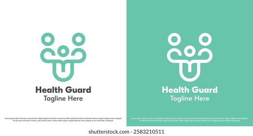 Family health protection logo design vector illustration. Silhouette of green health shield person parent kid hospital healthcare healer bandage guard. Minimal simple abstract vector icon symbol.