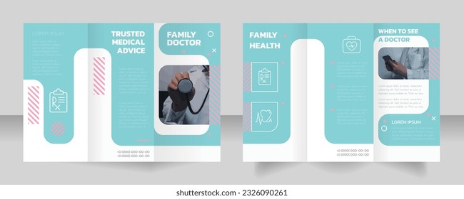 Family health trifold brochure template design. General practitioner. Zig-zag folded leaflet set with copy space for text. Editable 3 panel flyers. Kanit Bold, Josefin Sans Regular fonts used