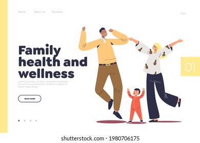 Family health and wellness concept of landing page with happy parents jumping up with little baby kid. Cheerful healthy mom, dad and small boy having fun cheering. Cartoon flat vector illustration