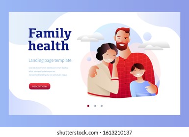 Family health and wellness. Flat vector concept digital illustration of a happy family of parents and children, family medical insurance plan. Landing page template. Isolated on white background