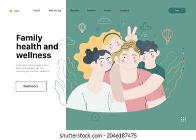 Family health and wellness - medical insurance web template - modern flat vector concept digital illustration of a happy family of parents and children, family medical insurance plan