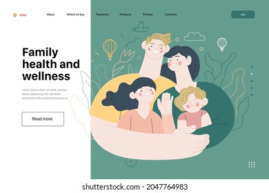 Family health and wellness - medical insurance web template - modern flat vector concept digital illustration of a happy family of parents and children, family medical insurance plan