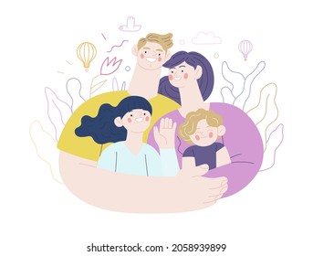 Family health and wellness - medical insurance illustration - modern flat vector concept digital illustration of a happy family of parents and children, family medical insurance plan