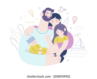 Family health and wellness - medical insurance illustration - modern flat vector concept digital illustration of a happy family of parents and children, family medical insurance plan