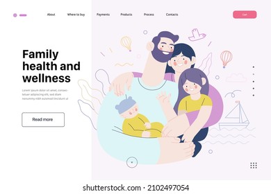 Family health and wellness - medical insurance web template - modern flat vector concept digital illustration of a happy family of parents and children, family medical insurance plan