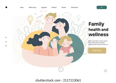 Family health and wellness - medical insurance web template - modern flat vector concept digital illustration of a happy family of parents and children, family medical insurance plan