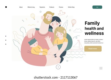 Salud familiar y bienestar - plantilla web de seguro médico - concepto moderno de vector plano ilustración digital de una familia feliz de padres e hijos, plan de seguro médico familiar