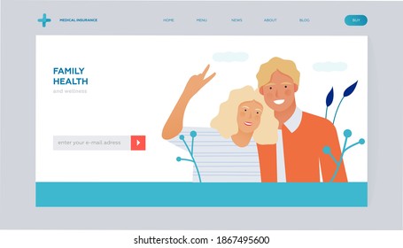 Family Health and Wellness. Modern Flat Vector Illustration. Happy Family on Abstract Background. Insurance Landing Page Design Template. Website Banner. 