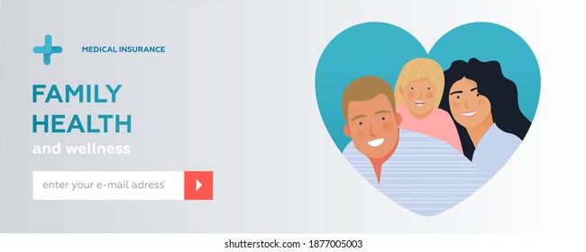 Family Health and Wellness. Modern Flat Vector Illustration. Heart Shaped Image of Happy Family of Parents and a Child on Blue Background. Medical Insurance Website Banner. Social Media Template.