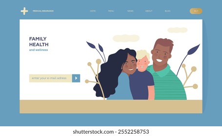 Family Health and Wellness. Modern Flat Vector Illustration. Happy Family of Parents and Child on Abstract Background. Insurance Landing Page Design Template. Website Banner.