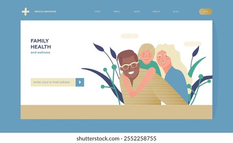 Family Health and Wellness. Modern Flat Vector Illustration. Happy Family of Parents and Child on Abstract Background. Insurance Landing Page Design Template. Website Banner.