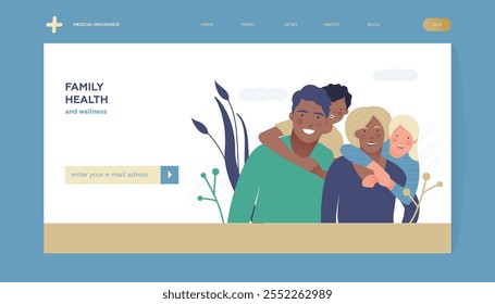 Family Health and Wellness. Modern Flat Vector Illustration. Happy Family of Parents and Children on Abstract Background. Insurance Landing Page Design Template. Website Banner.