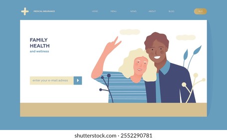 Family Health and Wellness. Modern Flat Vector Illustration. Happy Family on Abstract Background. Insurance Landing Page Design Template. Website Banner.