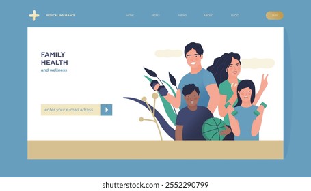 Family Health and Wellness. Modern Flat Vector Illustration. Happy Family of Parents and Children with Sport Equipment on Abstract Background. Insurance Landing Page Design Template. Website Banner.