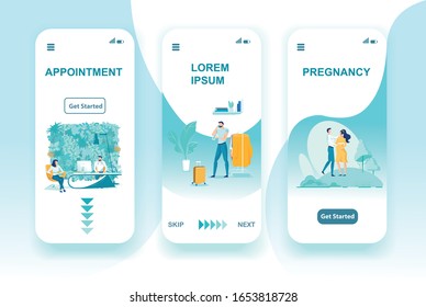 Family Healthcare and Chore, Preparation for Vacation, Spending Time Together during Pregnancy. Mobile App Set. Vector Phone Screens with Man, Woman Couple and Doctor Characters Illustration