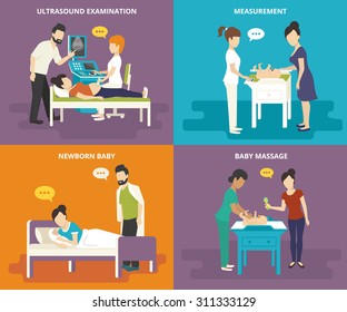 Family healthcare collection. Family concept flat icons set of ultrasound examination, birth, measurement of growth and weight, and doing baby massage