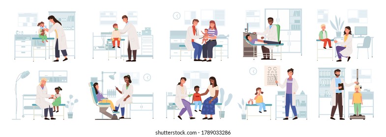 Family Healthcare Medical Care Icon With Pediatric Doctor Vector. Parents With Kid Scenes Set Of Child Pediatric Medical Examination And Treatment, Doctor With Patient, Health Check Exam