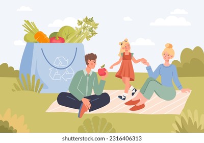 Family with healthy food at picnic concept. Man and woman with child near large bag of vegetables and fruits. Proper nutrition and vegetarian diet. Cartoon flat vector illustration