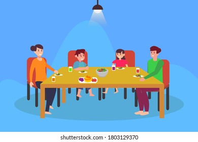 Family healthy lifestyle vector concept: group of family eating vegetables together happily in the dining room