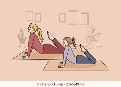 Family healthy lifestyle and yoga concept. Positive mother and daughter practicing yoga pilates or stretching at home together vector illustration 