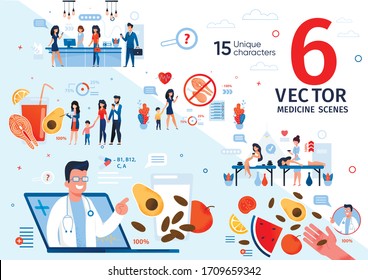 Family Healthy Nutrition and Dieting Recommendations Trendy Flat Vector Scenes Set. Women Resting Spa Salon, Relaxing on Massage, Doctor Counseling People About Vitamins and Natural Food Illustrations