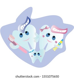 Family of healthy teeth, dad, mom and baby.Healthy tooth holding toothpaste and toothbrush. Cute funny cartoon smiling character. Children teeth care icon. Oral dental hygiene. Baby background. 