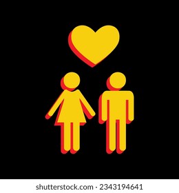 Family with heart. Husband and wife. 3D Extruded Yellow Icon with Red Sides a Black background. Illustration.